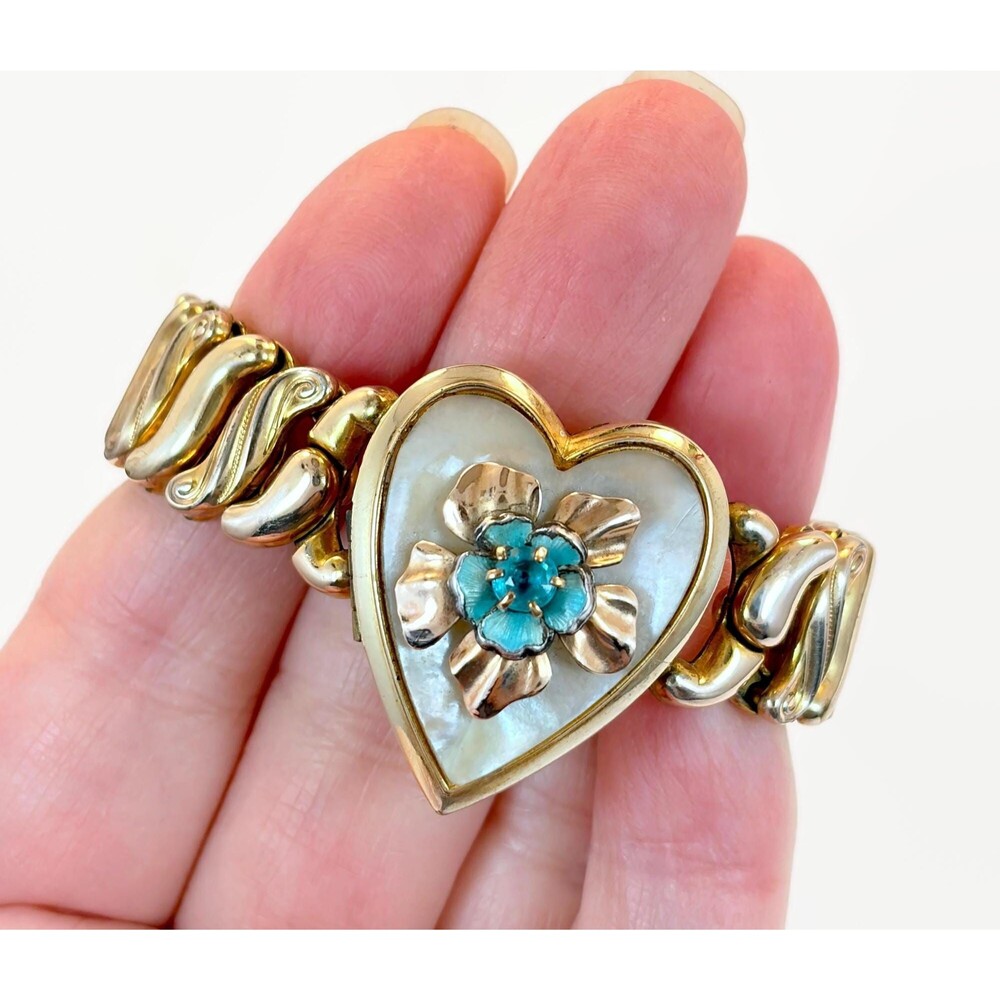 Sweetheart Bracelet, Locket, Expansion Gold Filled Heart Vintage Mother of Pearl